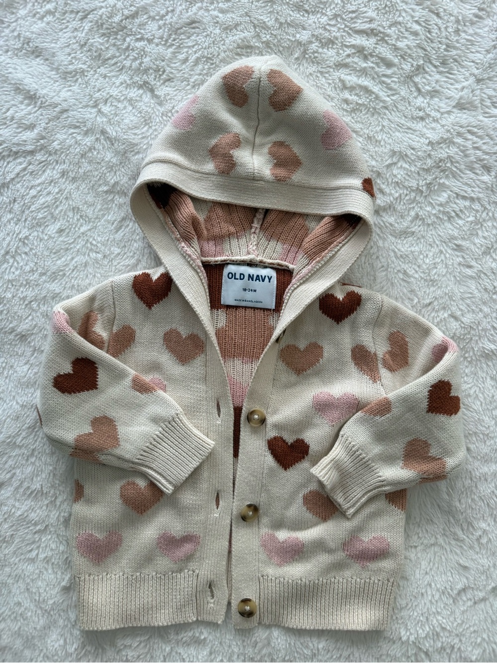 Old Navy Cream Hooded Cardigan with Pink and Brown Heart Pattern
